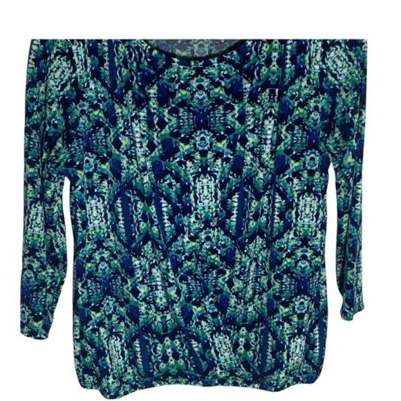 Chicos Blue Green Print Blouse Small Long Sleeve Stretch Work Top - Picture 3 of 12